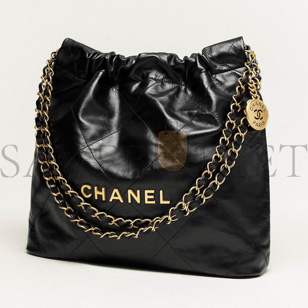 CHANEL MASTER 22 SMALL HANDBAG SHINY CALFSKIN GOLD-TONE METALLIC BLACK AS3260 (37*35*7cm)